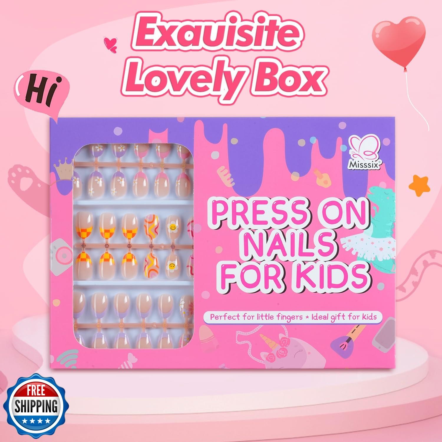 Misssix 78 Pcs Press on Nails for Kids, 3 Pack Kid Fake Nail Kit Cute Press o