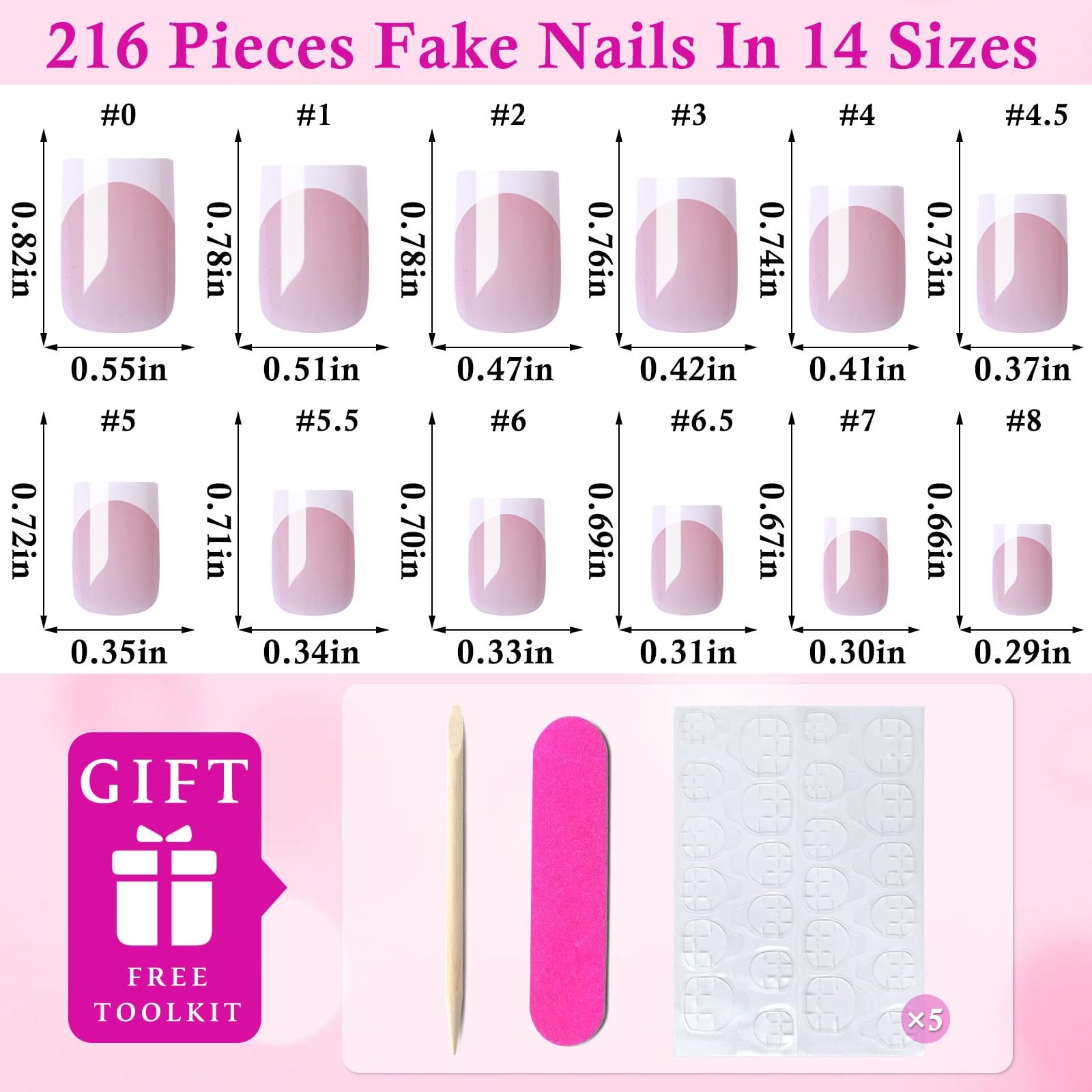 216pc White French Tips Press on Nails Medium Fake Nails Square, Pink Nude Me…