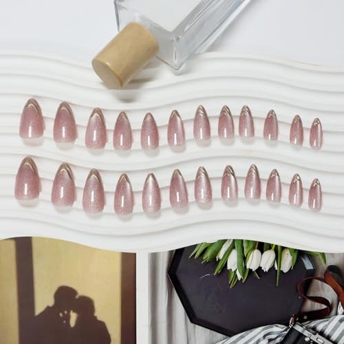 Pink Gold French Tip Press on Nails Almond Medium Acrylic Nails Press 04-Gold