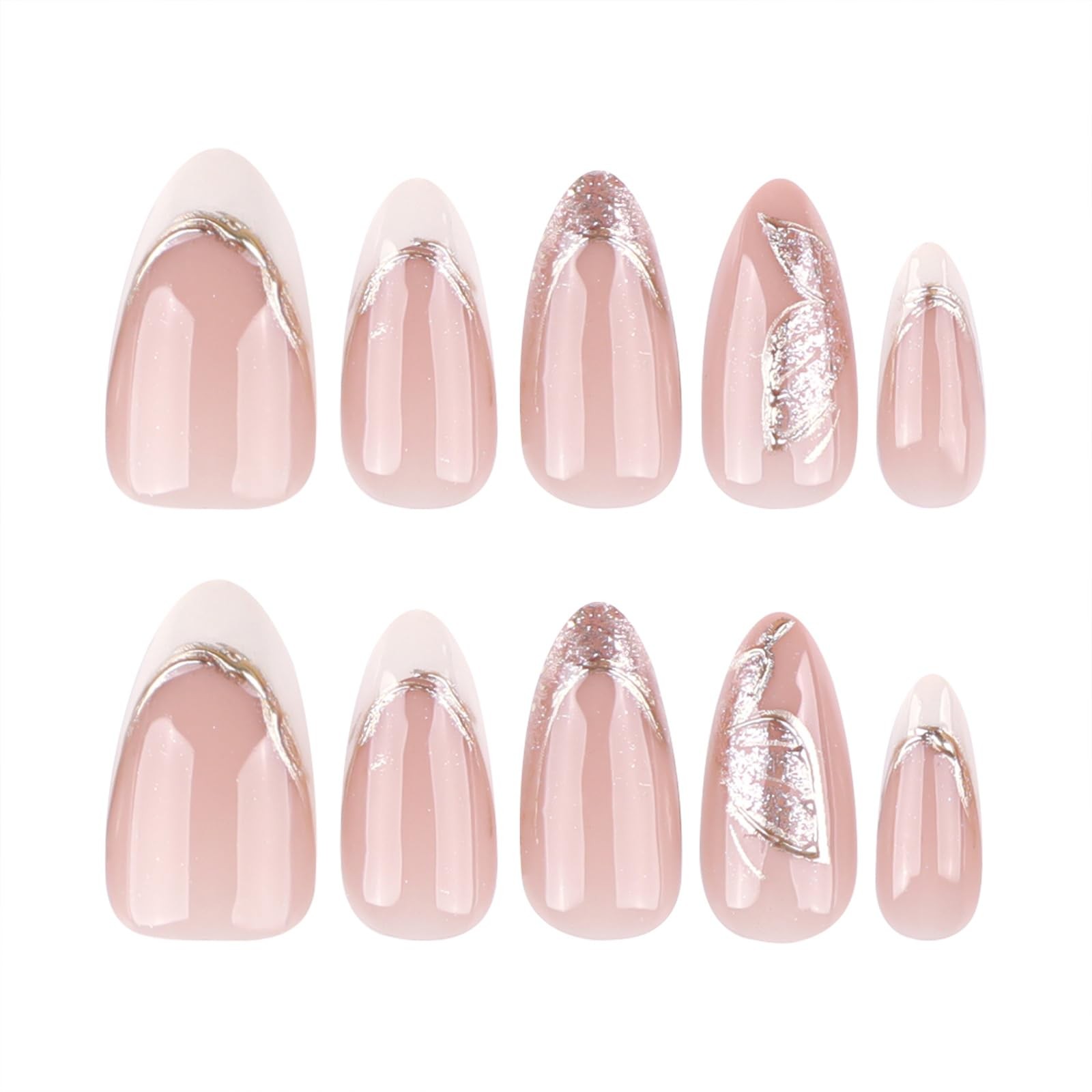 Medium Press On Nails Almond – Nude & White French Tips with Gold Foil and Gl…