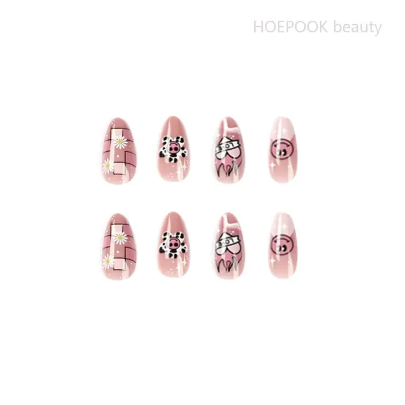 24Pcs Pink Cartoon Coffin Cute Kawaii Press on Nails Full Cover Waterproof