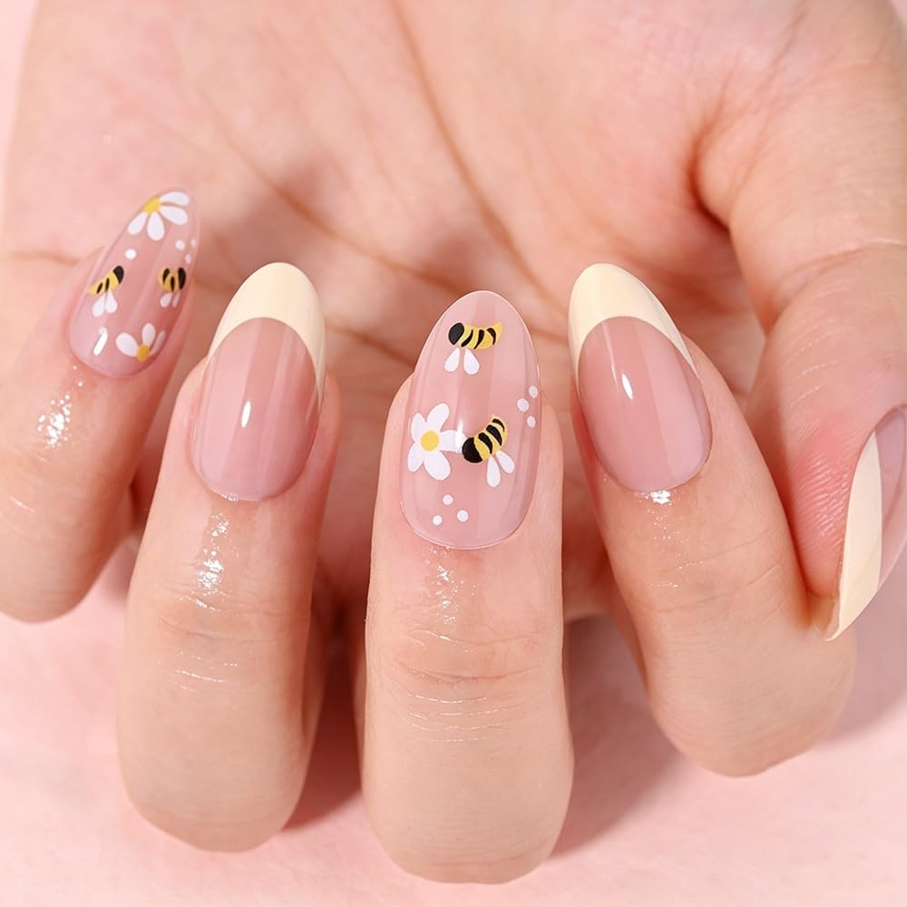 evpct Pale Nude Press on Nails Short Almond with Flower Bee Design, French Ye…