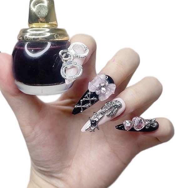 Press on Nails Long Stiletto Black and Pink Color Gothic Style (088)