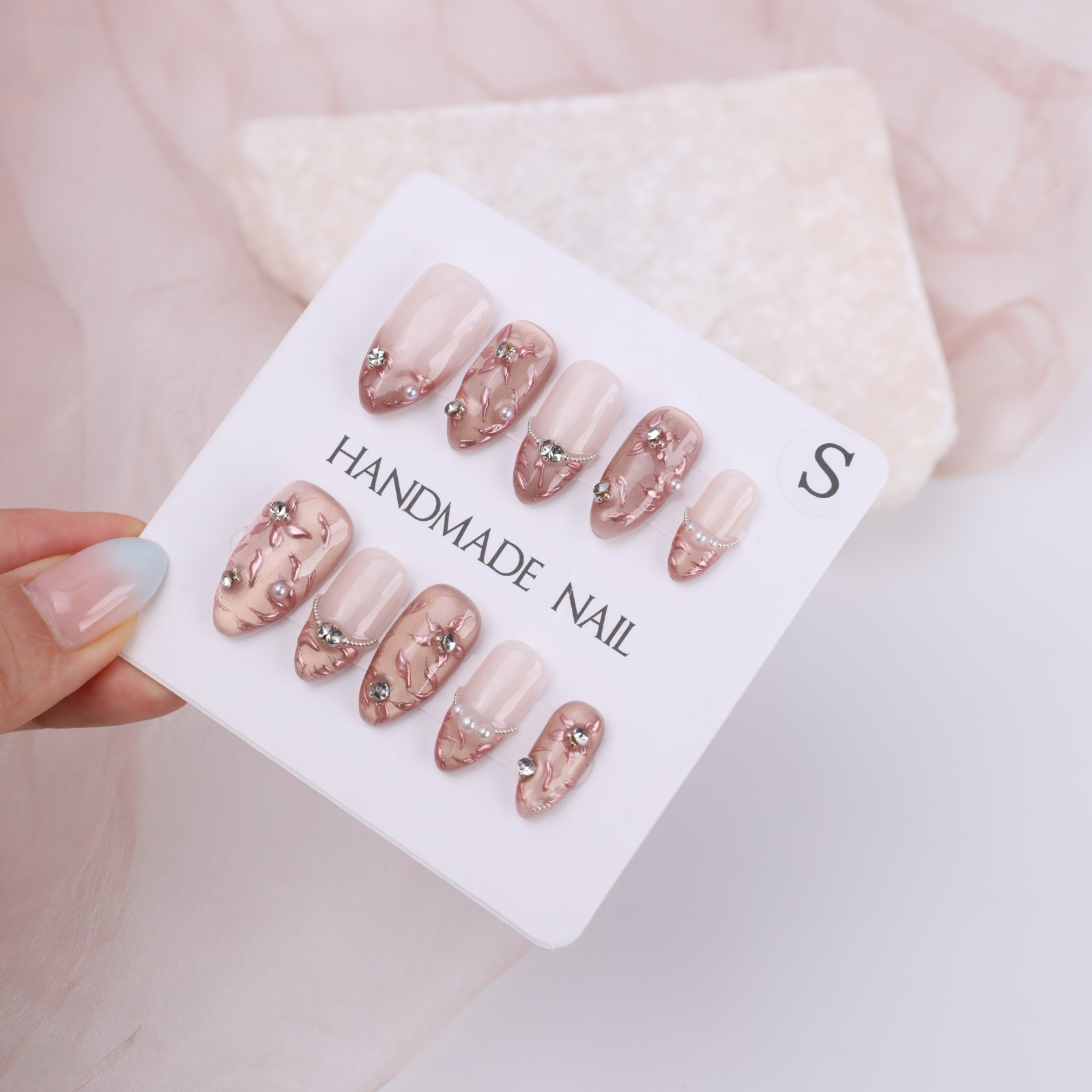 Press On Nails Medium Almond Nude Pink Floral Pearl Rhinestone Wedding Nail Set