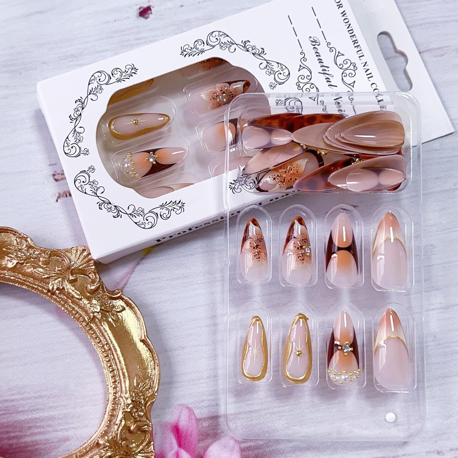 Handmade Press On Nails Almond Medium Long 3D Fake Nails with Charms style01