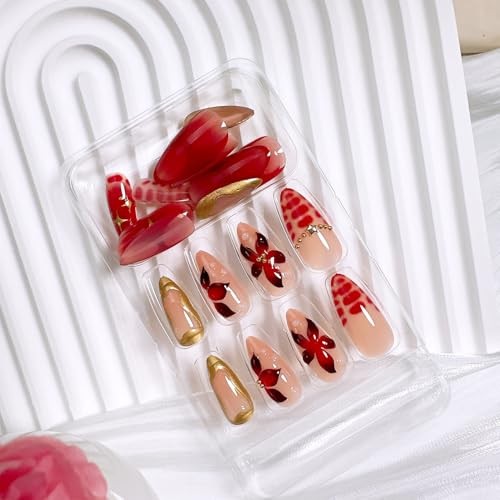 24 Pcs Red Flower Press on Nails Medium Almond Fake Nails with 3D Red Flower-7
