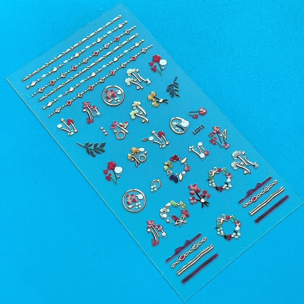 Colored Crystal Abstract Geometric Figure Gold Stripes Chain Heart Nail Sticker