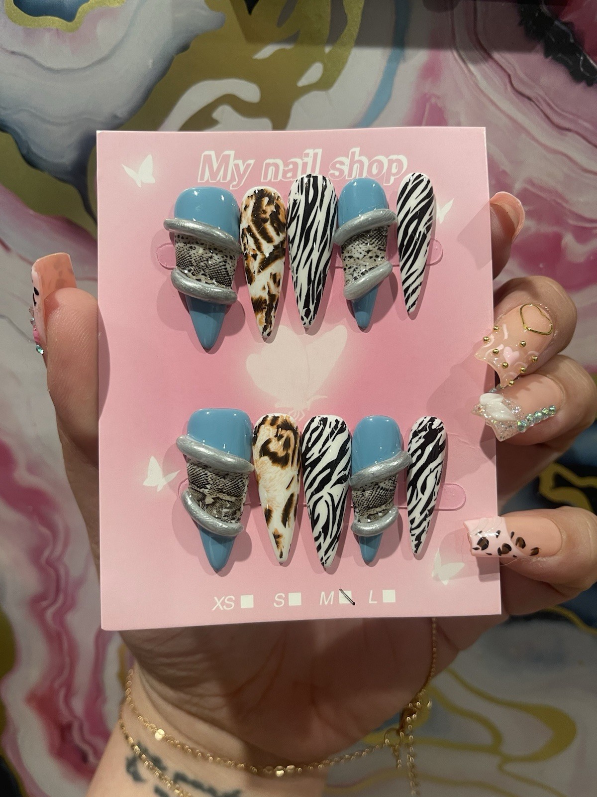 My nail shop Press-On Nails Medium Stiletto Blue/Black/White/Brown 3D Animal