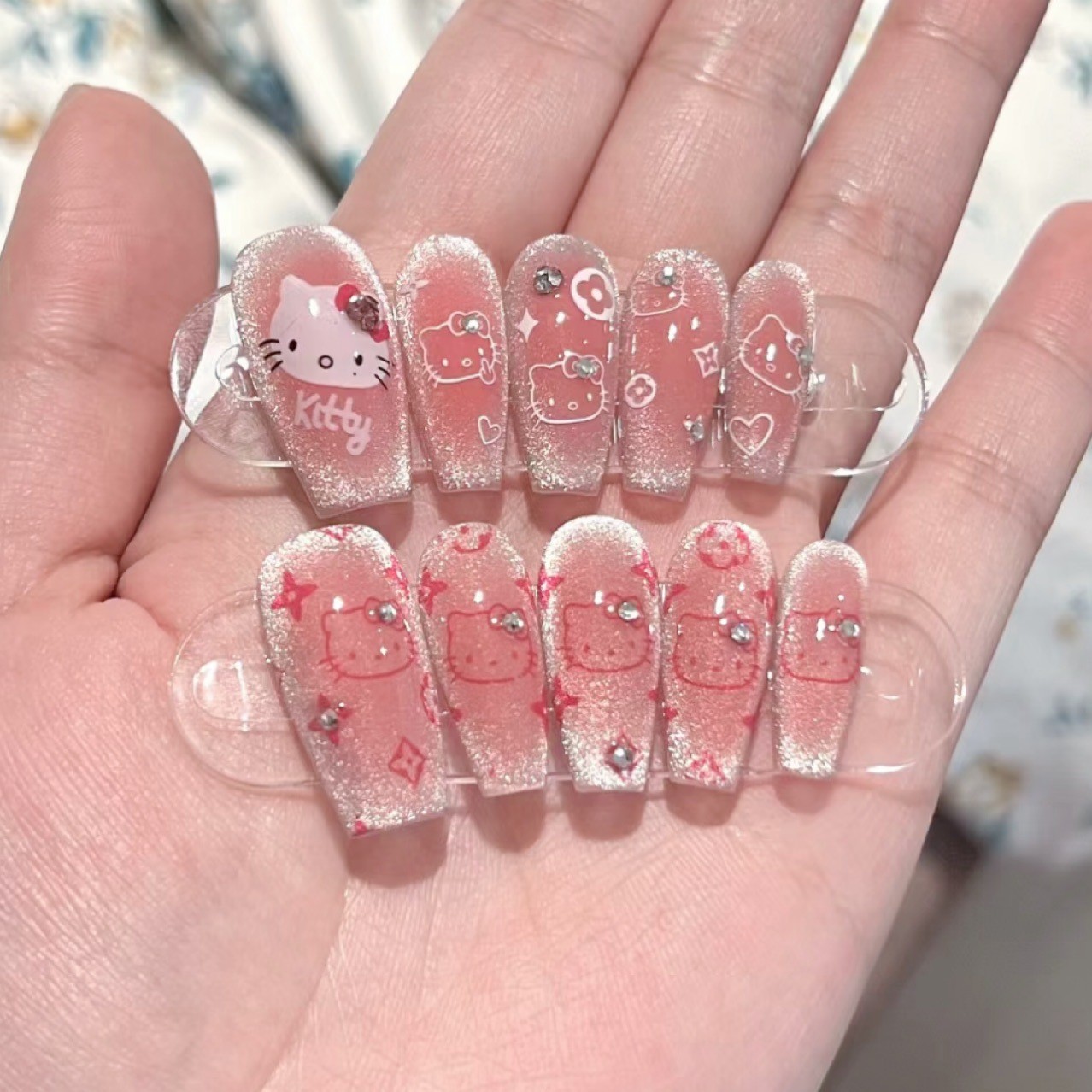 Handmade Kitty Cat Eye Press on Nails Cute Glitter Flash Fake Nail Sticker Set