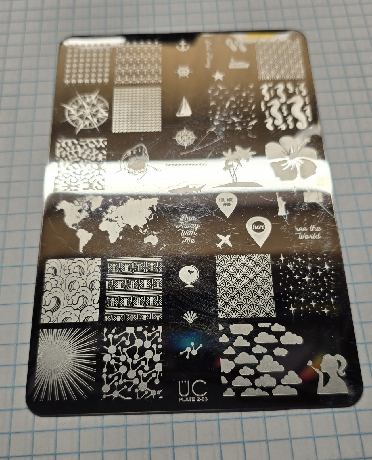 UBER CHIC UC 2-03 Nail Stamp Plate UberChic Travel Around The World Shark Ocean