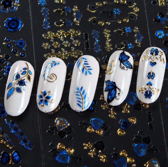 3 Sheets (random) 3D Nail Sticker Blue Gold Silver Butterfly Flower Lace Decals