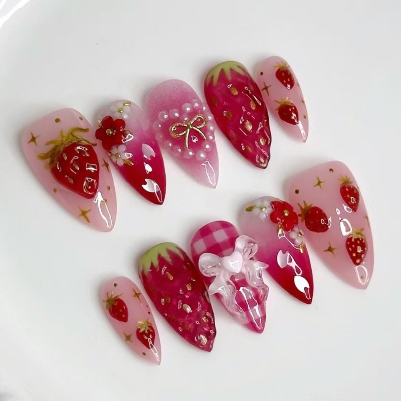 48pcs-Kawaii Press on Nails with 3D Strawberries, Plaid Bows and Gradient Tips