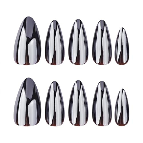 24Pcs Almond Press on Nails Medium Fake Nails Black Aurora Acrylic False Nails