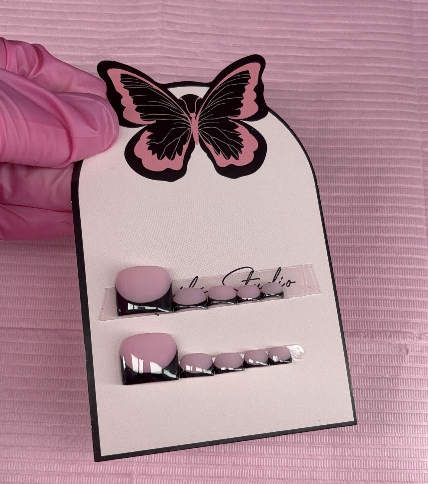 press on toenails pink nude black French tips handmade custom gel