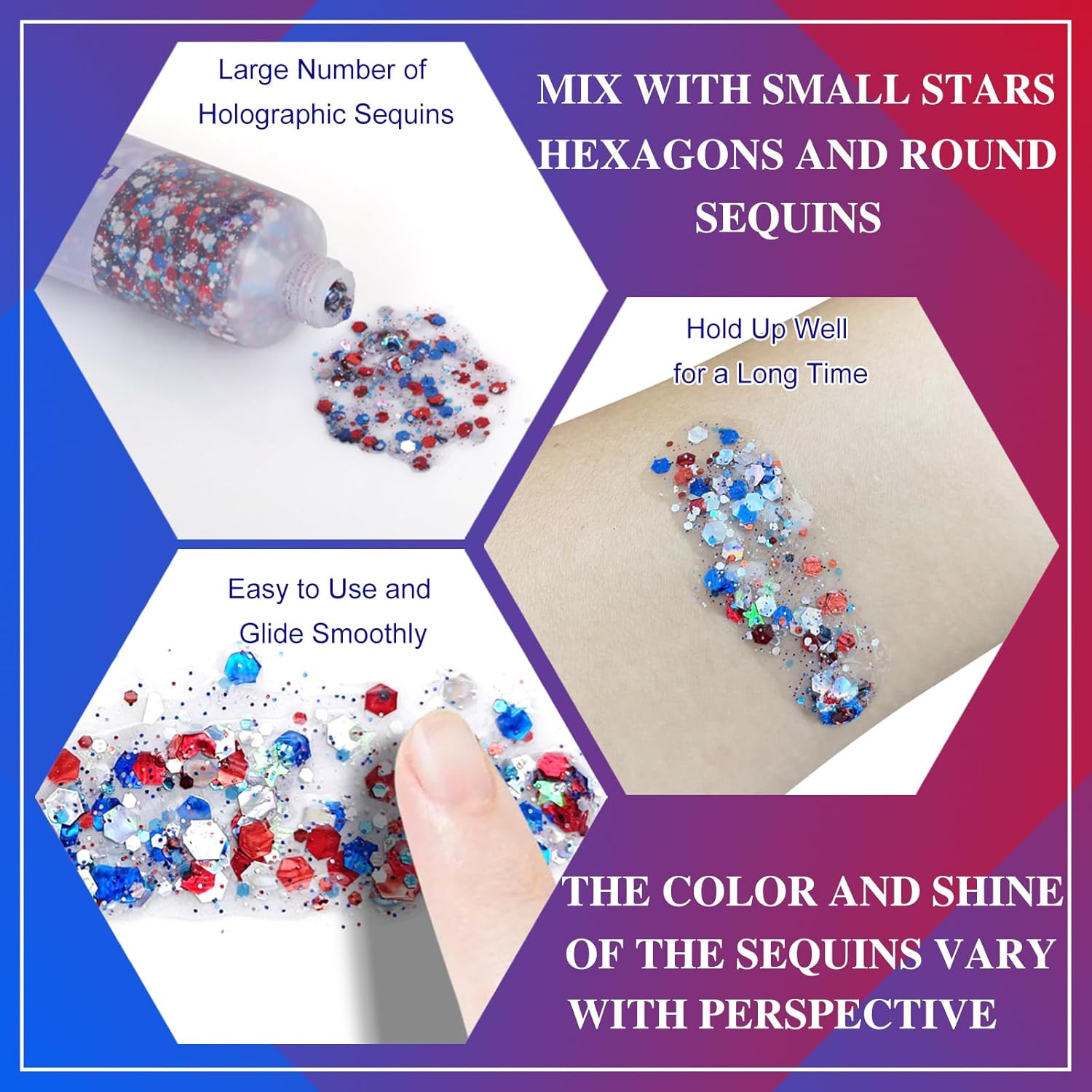 Red White and Blue Face Glitter,4Th of July Patriotic Accessories,Star Hair Glit