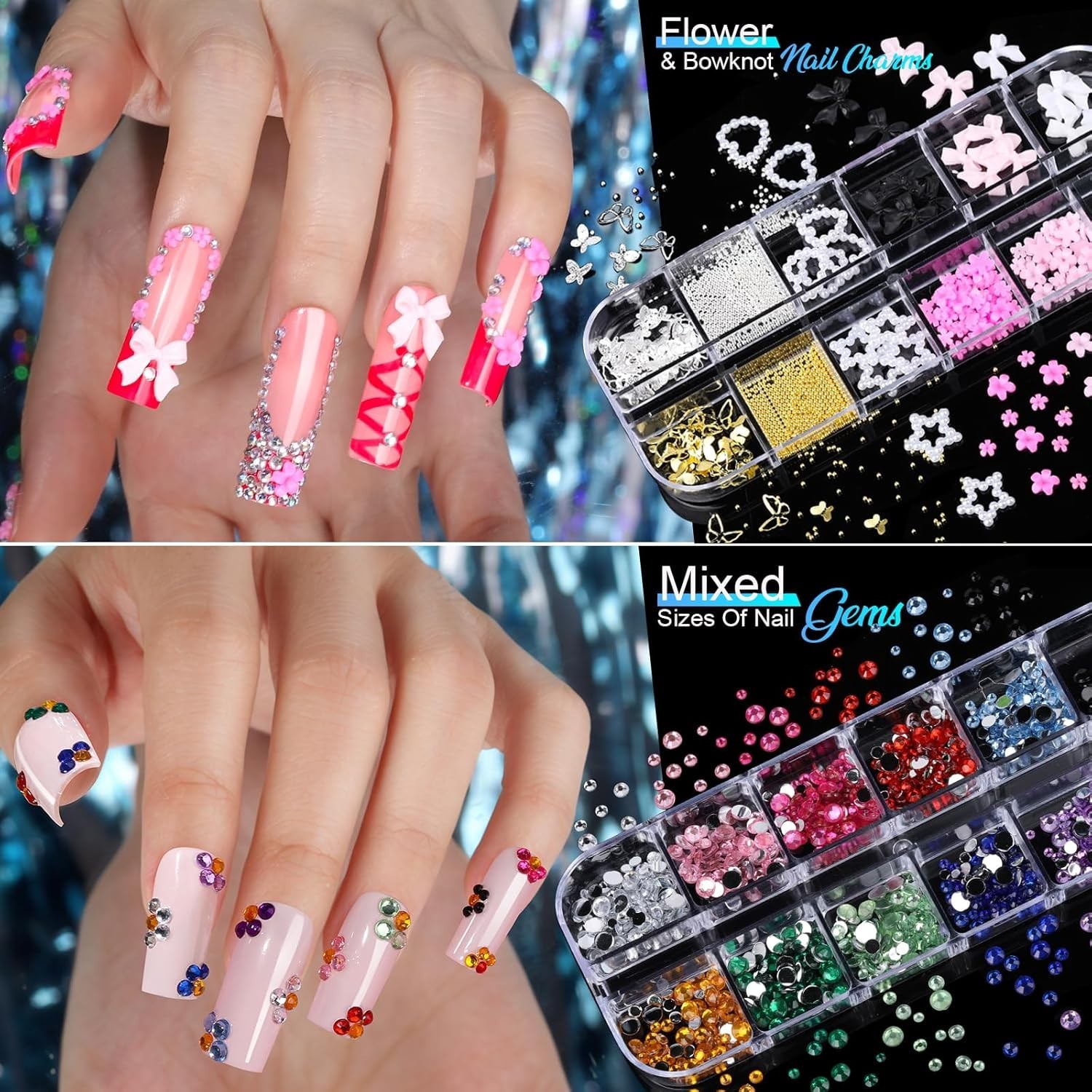 Nail Art Kit 8 Boxes Nails Gems Pearls Charms Stickers Rhinestones Accessories