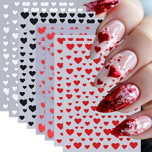 8Sheets Heart Nail Stickers Red Love Nail Decals 3D Self-Adhesive red heart