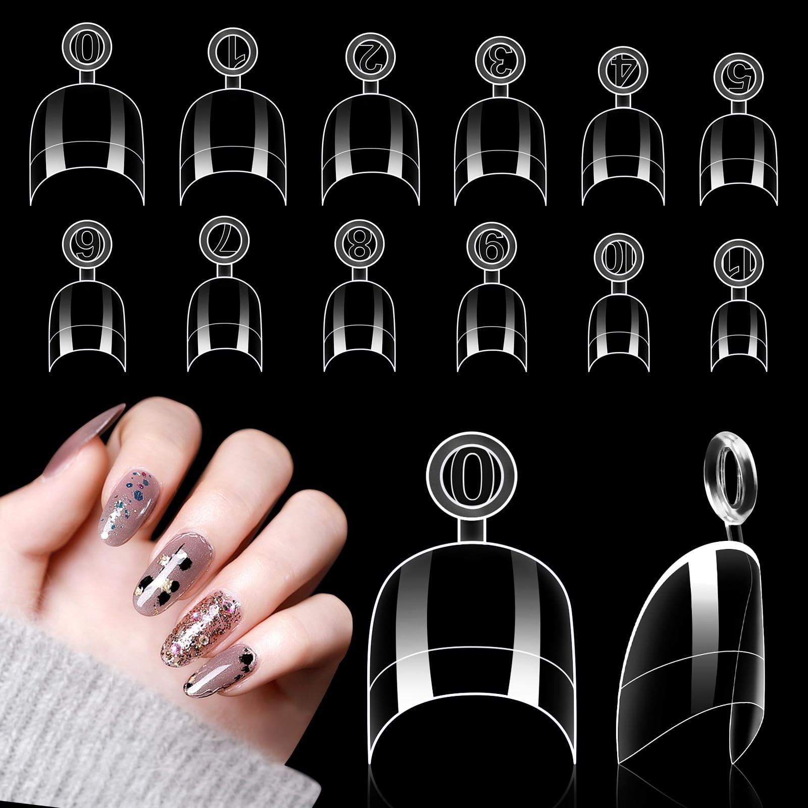 600PCS Clear Short Oval Round Nail Tips, Half Cover False Nails with Handles