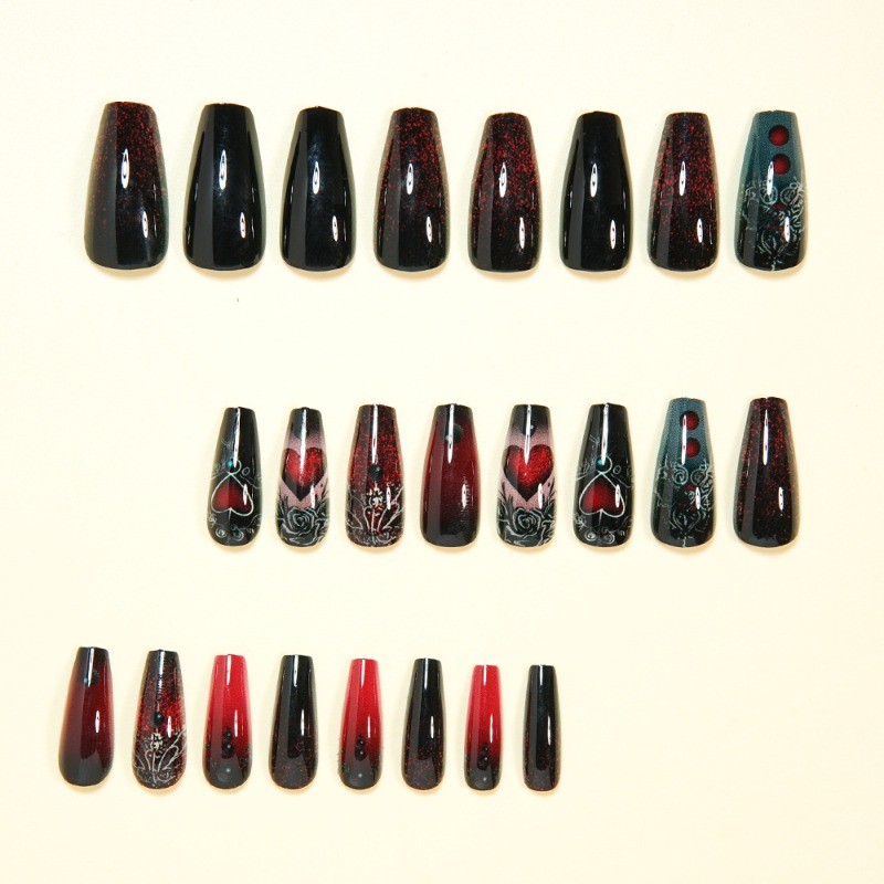 48 Pieces of Long Ballet Black Red Heart-shaped Rose Metal Reusable Nail Art