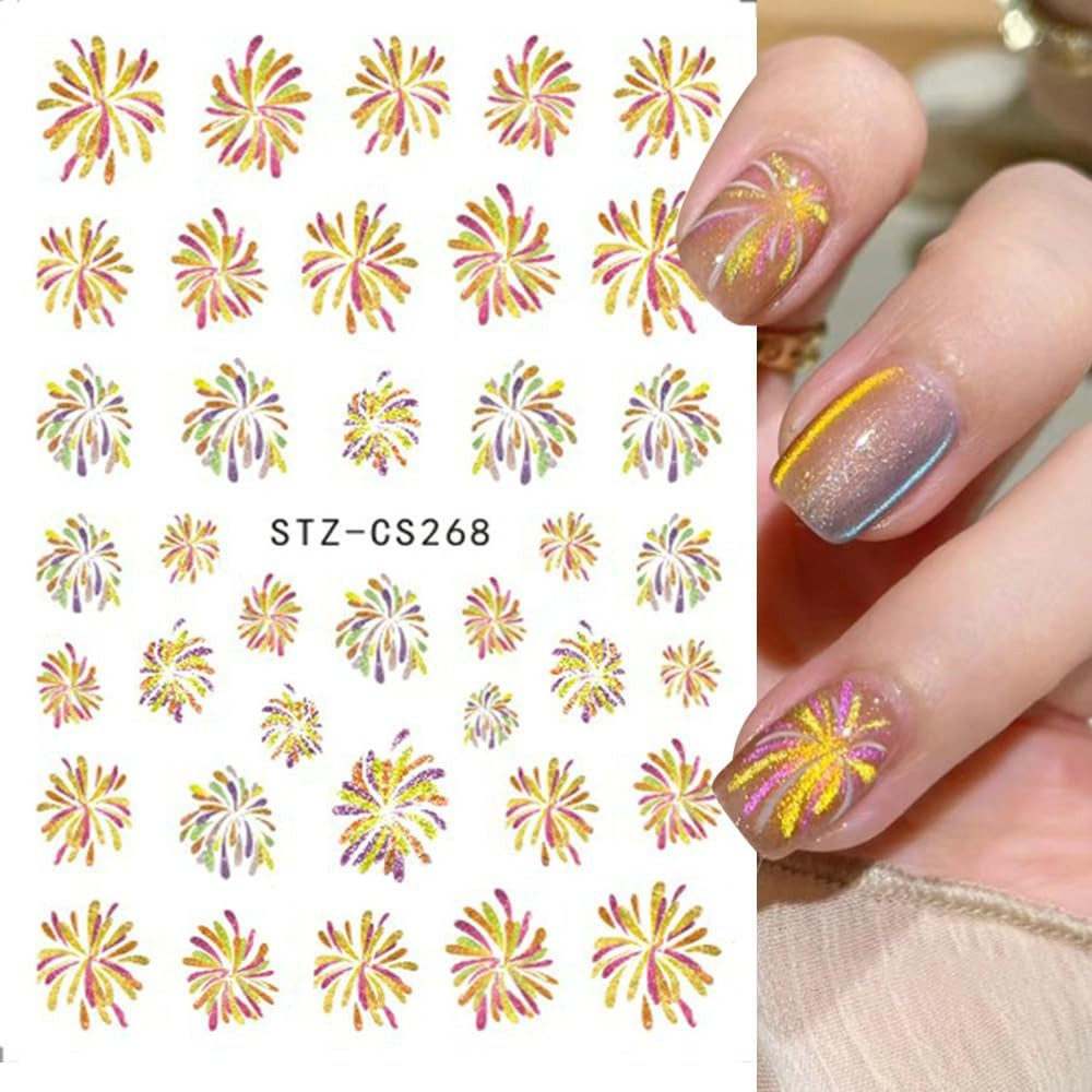 3D Glitter Firework Nail Stickers New Year Nail Art Stickers Colorful Fireworks