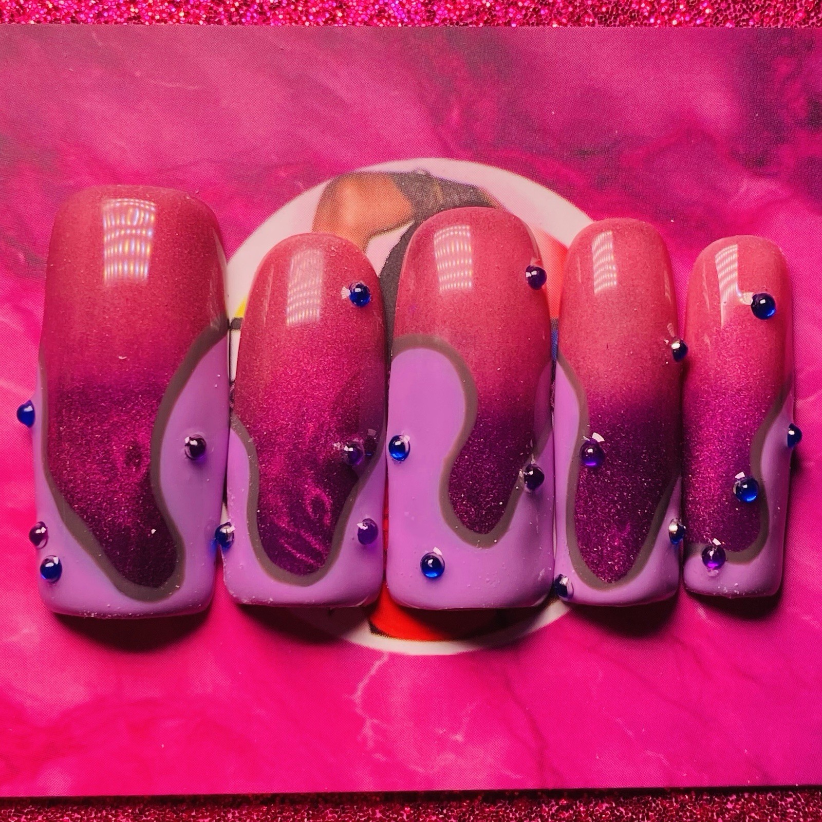 Natural Bling Cateye Gel Polish Long Square Press-On Nails 10 PCS Set New Sealed