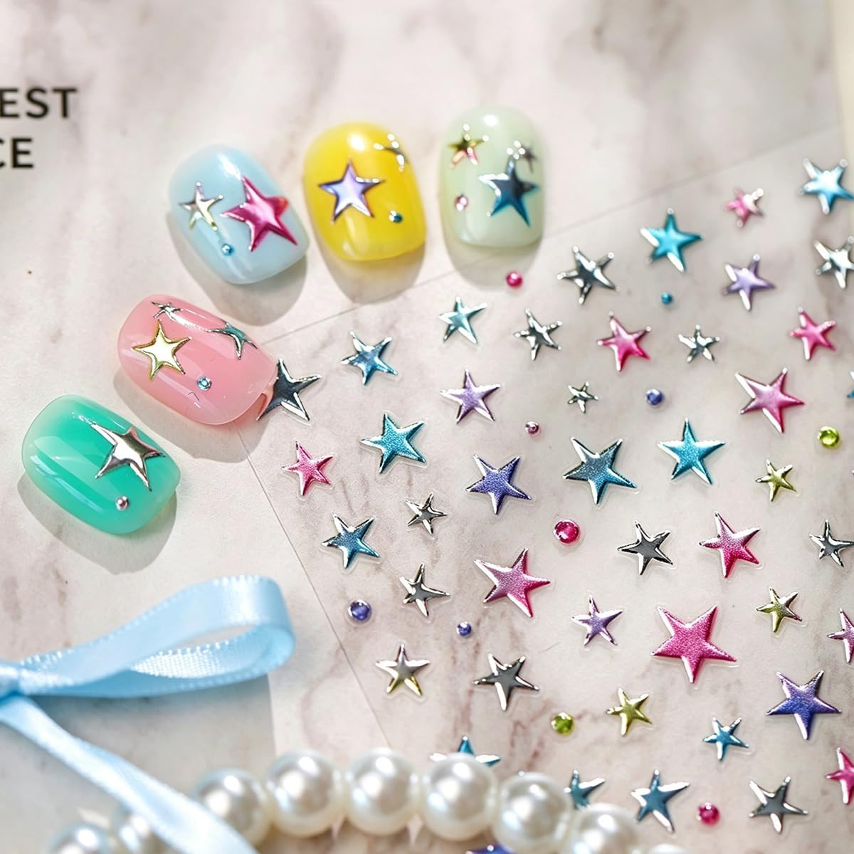 5D Embossed Holographic Nail Stickers Metallic Shiny Star Nail Decals Self-Adhes