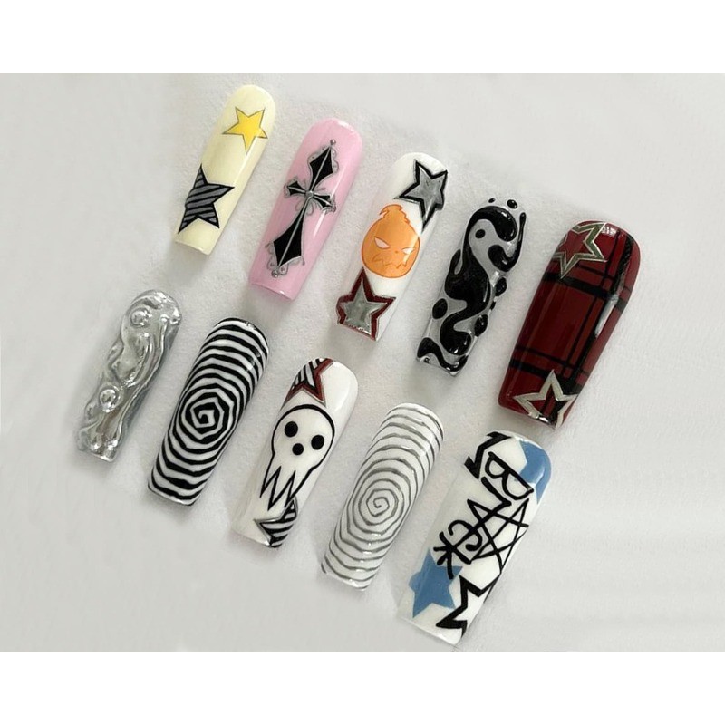 Star Ghost Handmade Press on Nails Swirl Plaid Cross Punk Gloss Fake Nails
