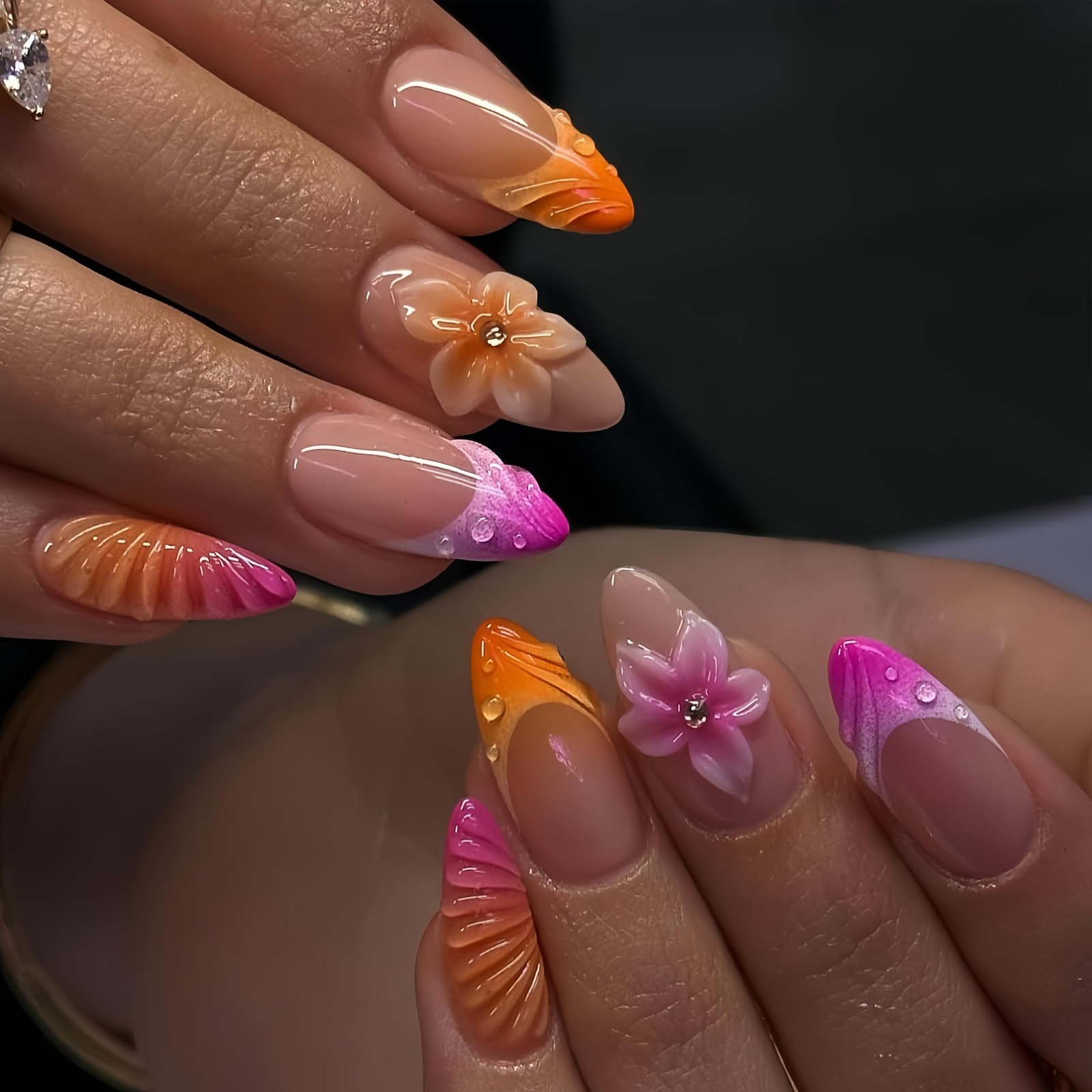 Medium Almond Press on Nails Flower Acrylic Fake 3.9*1.8*0.03, Multicolor