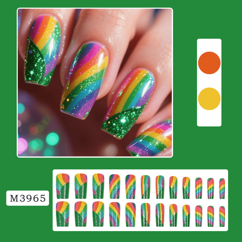 48P Rainbow Glitter Stripe Coffin Press on Nails, Bright Summer Daily Fake Nails