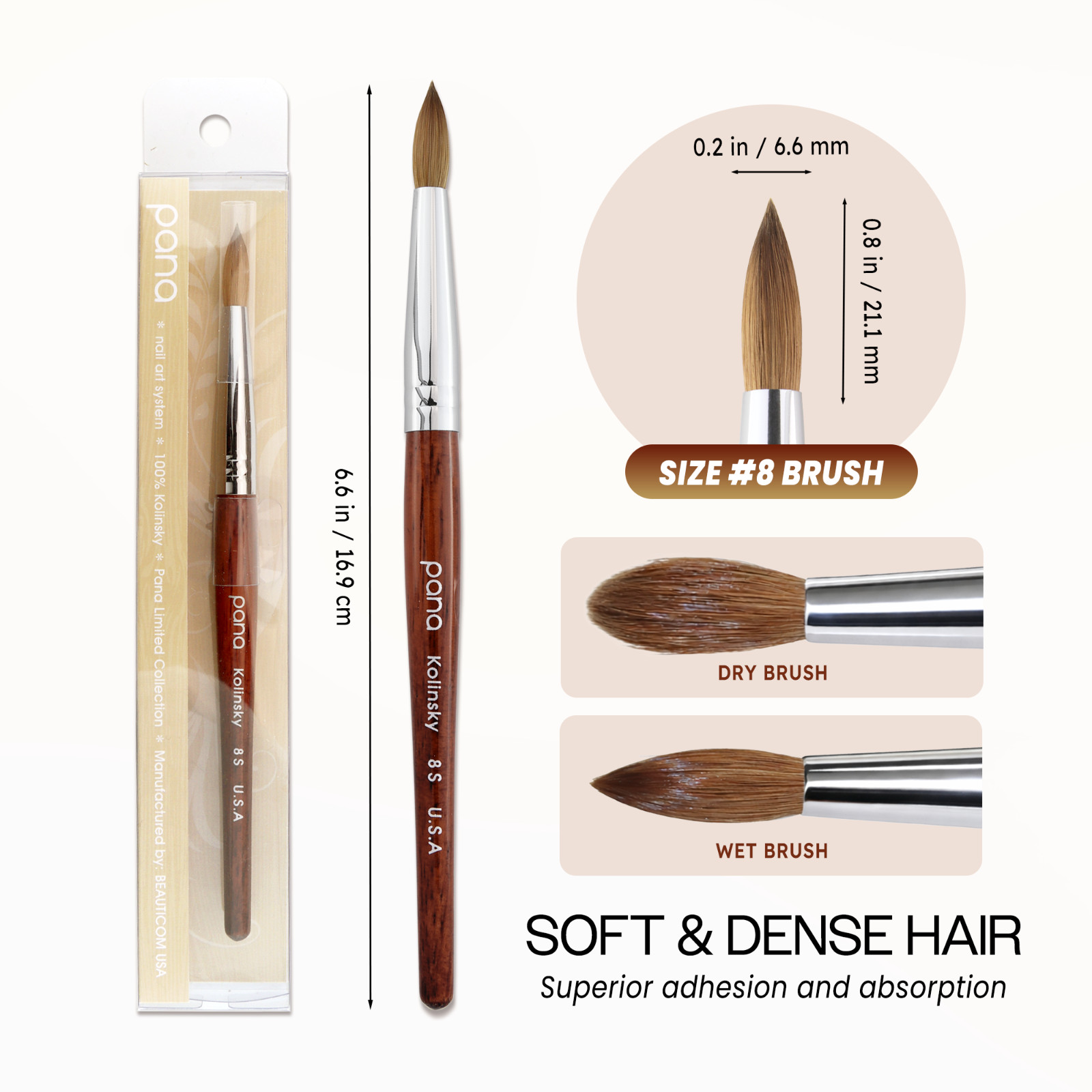 Pana USA Acrylic Nail Brush 100% Pure Kolinsky Hair Mahogany Wood Handle -Size 8