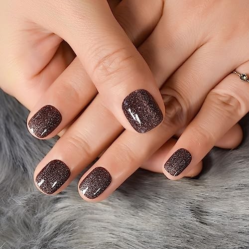 Medium Length Press on Nails False Nails Full Cover Short Fake Dark Brown