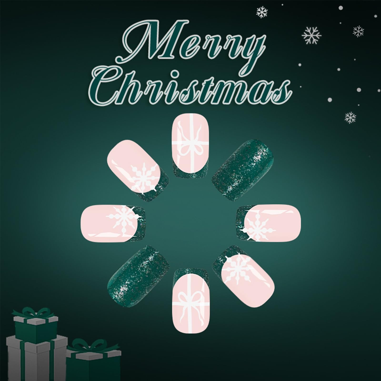 Christmas Press on Nails Medium Square Fake 24 Fl Oz (Pack of 1), Green White
