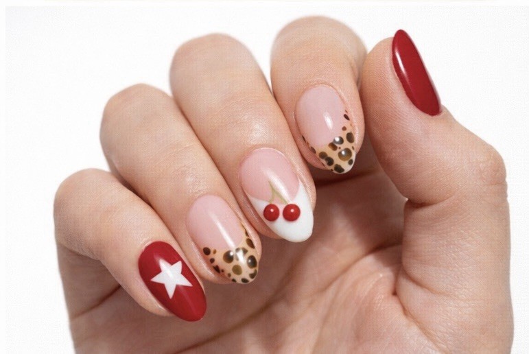 Red Nude White Press On Nails Medium Almond | Heart Leopard Design | Handmade