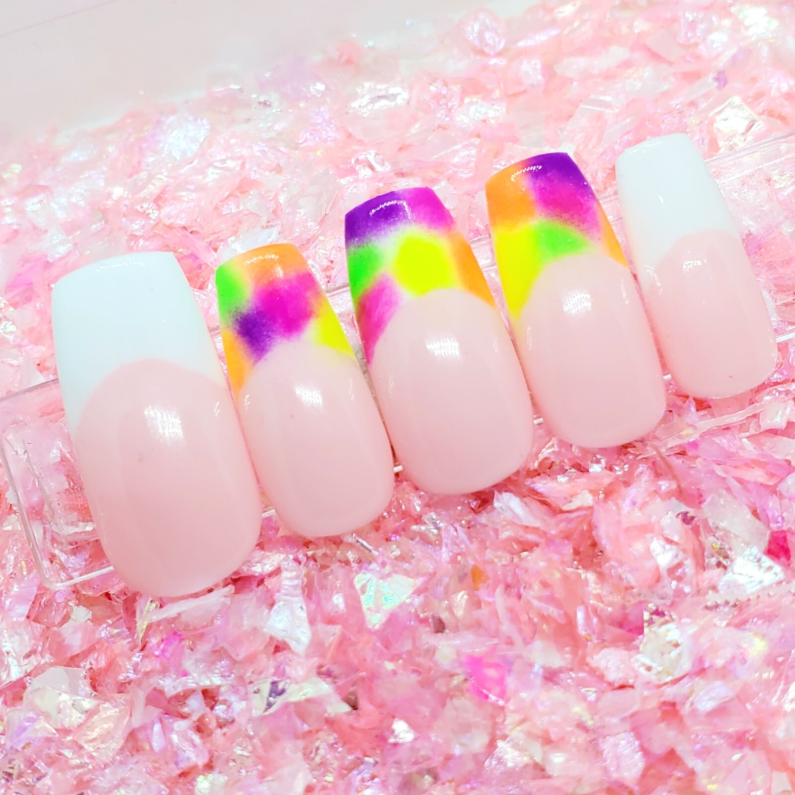 Neon Tie Dye French Tip Short Square Nail Set Press On Nails Handmade Hard Gel