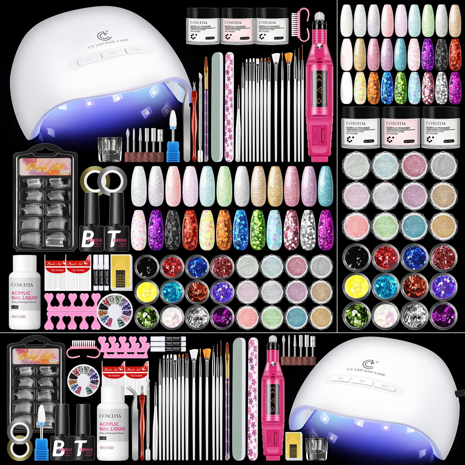 58 Piece Acrylic Nail Kit With Drill UV Light Glitter Powder Set For Home Salon