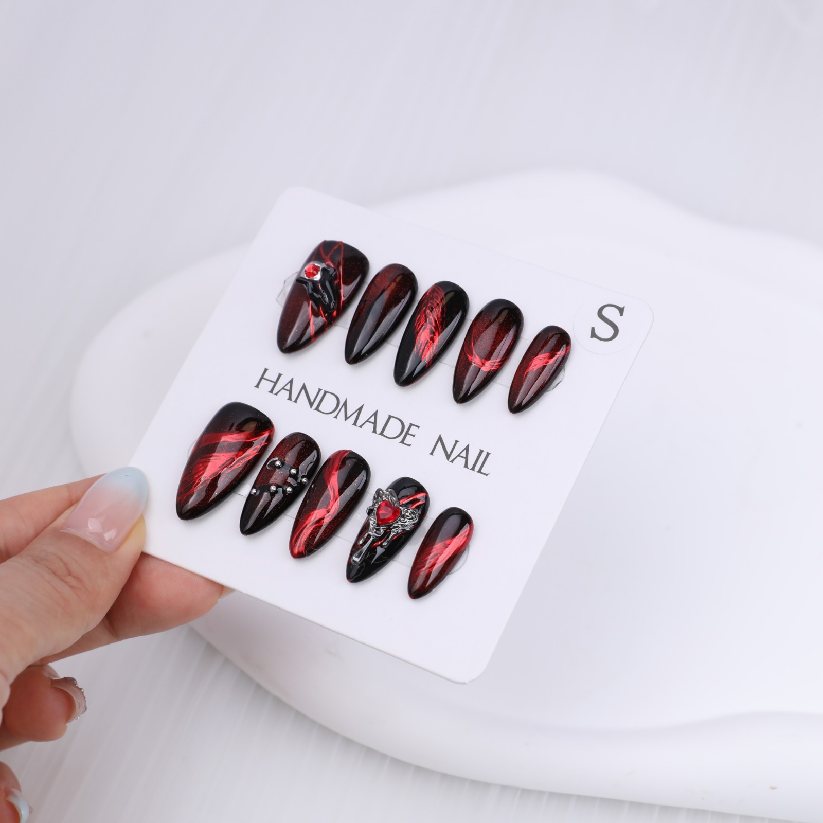 Press On Nails Medium Almond Black Red Cat Eye Rhinestone Gothic Halloween Nails