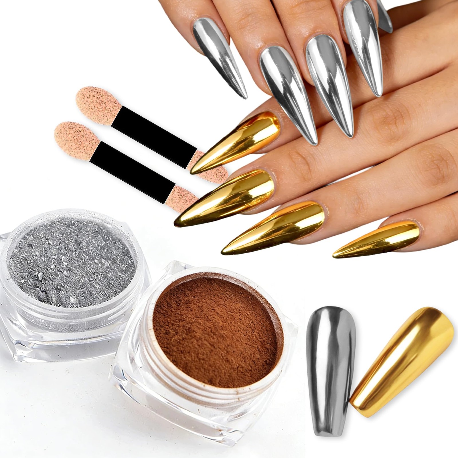 2Pcs Gold Silver Chrome Nail Powder Holographic Metallic Mirror Effect High P…
