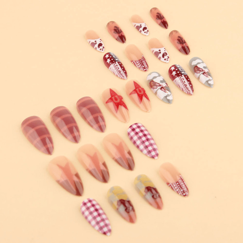 48Pcs-Long Almond Western Cowboy Plaid Star Cow Print Fake Press on Nails Set