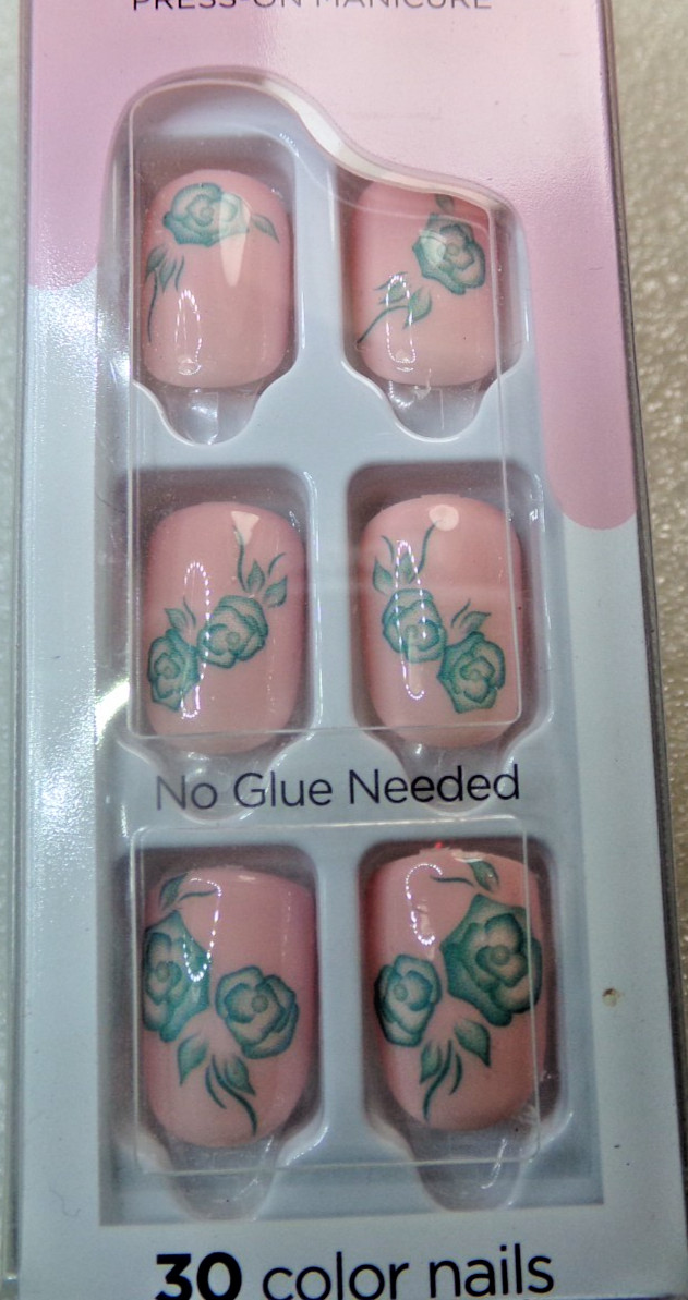 IMPRESS NAILS PRESS ON Short – Shiny Light Pink, Green Roses, Square Shape
