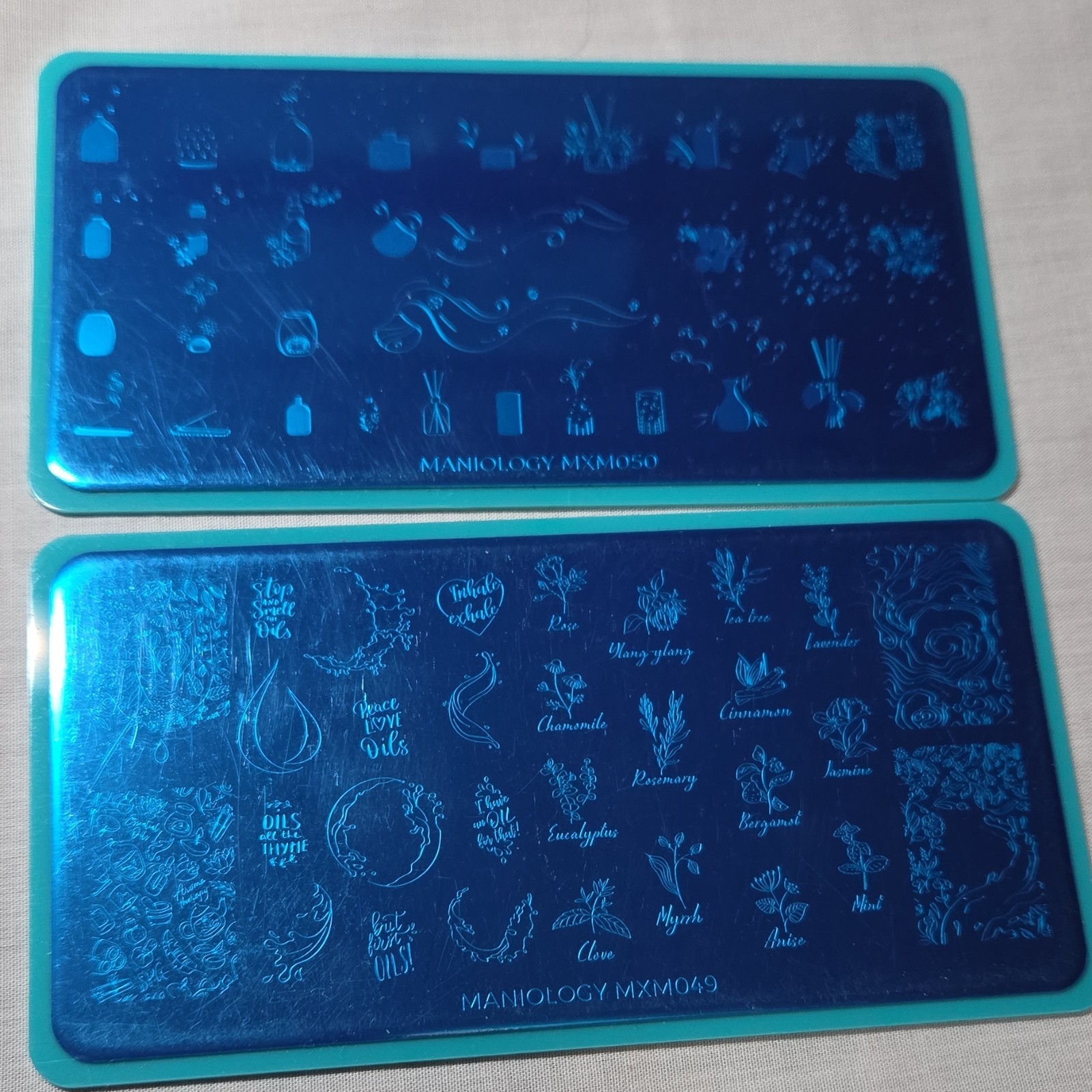 New Maniology Nail Art Stamping Plates Essential Oils Complete Set MXM049 MXM050