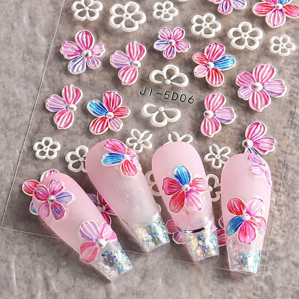 5D Flowers Nail Art Stickers 4 Sheets Pink Flowers Geometric Lines Decor Acry…