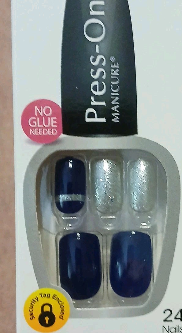 Kiss Press-On Manicure 24 Medium Square Tip Nails Royal Blue Silver Glitter