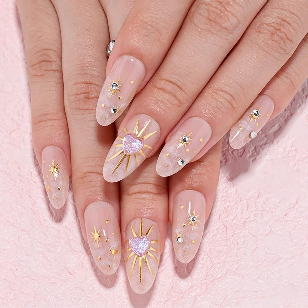 XZMeiLun 3D Boho Stars Gold Press On Nails 30 Pieces (Pack of 1), Q-1029