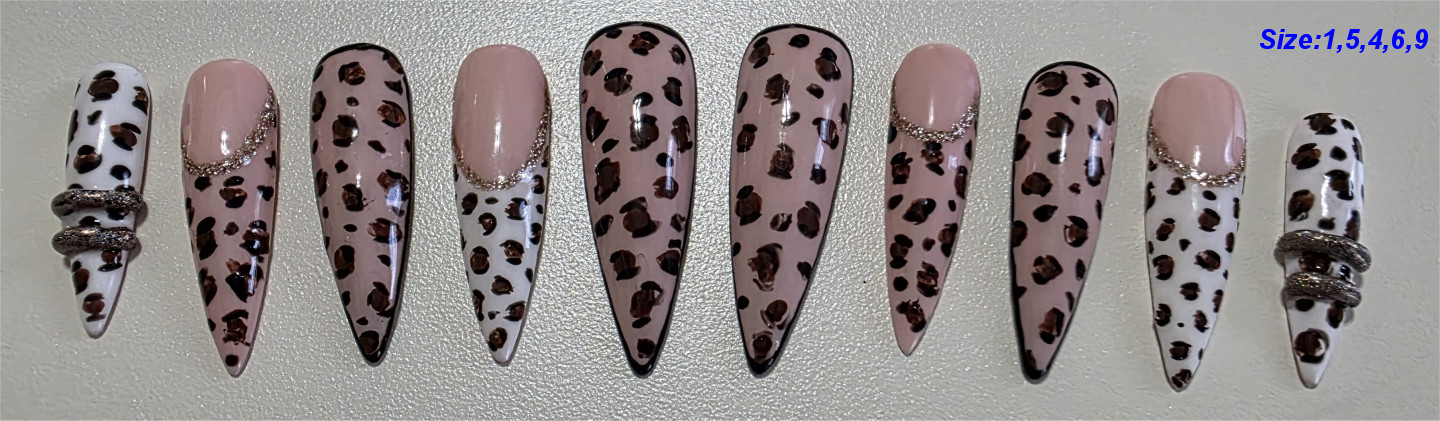 10 Pcs Press On Nails Custom Gel Pink Nude Leopard Print Full Set Long Nail +Kit