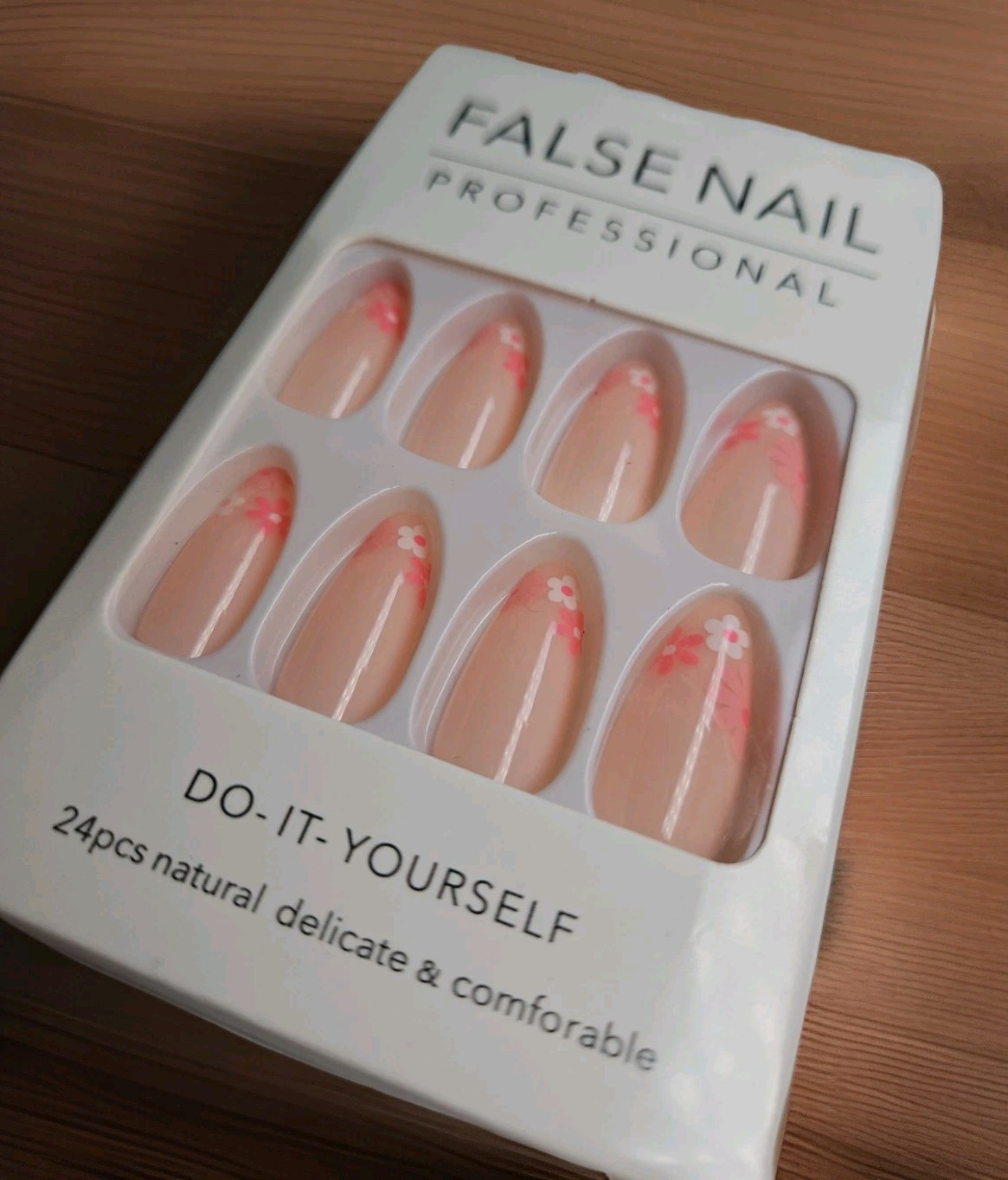 False Nail 24Pcs Pale Pink Medium Coffin Nails With Flowers, & W/Glue