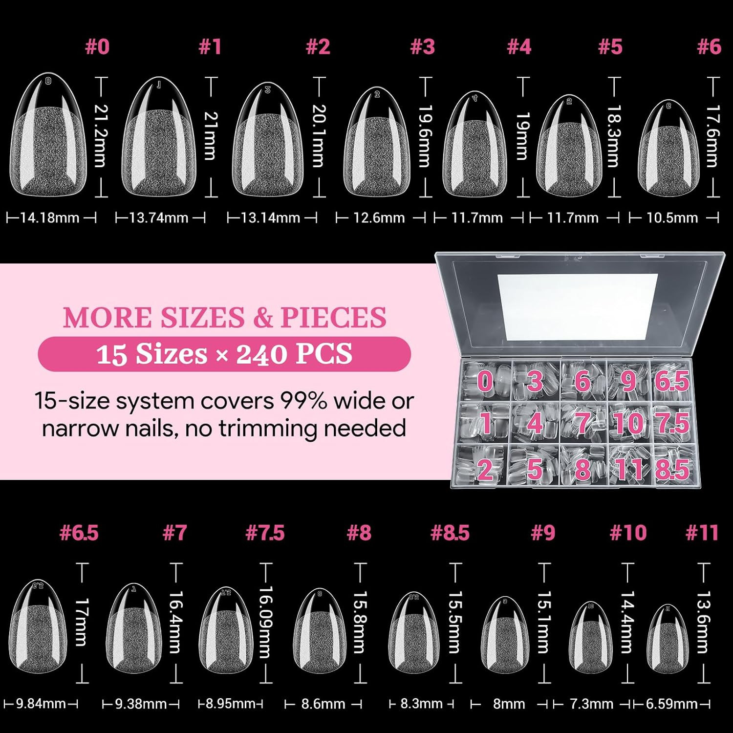 Short Almond Nail Tips – 15 Sizes 240 PCS Half Matte Full Cover Clear Fake Nails