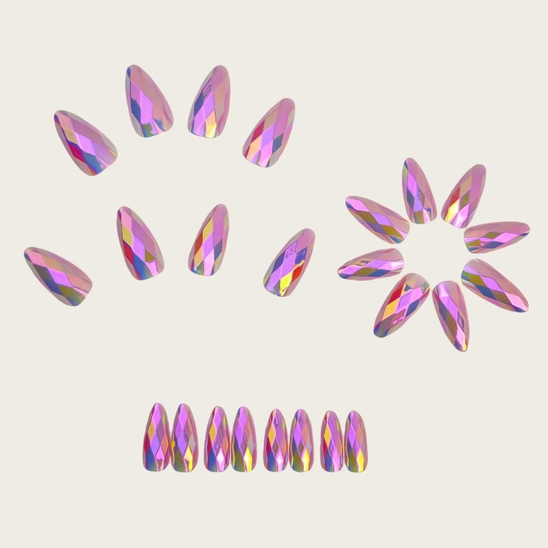 24 Lilac Medium Almond Press On Nails, 3D Diamond Shiny Holographic Design
