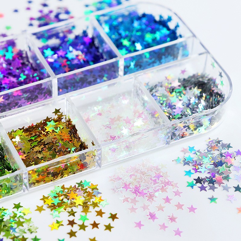 12 Grids Laser Five-Pointed Star Nail Art Glitter Sequins Flakes for DIY Nails