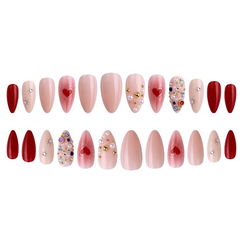Valentine’s Day Handmade Nail 48 Pieces Long Almond, Removable Nail Art