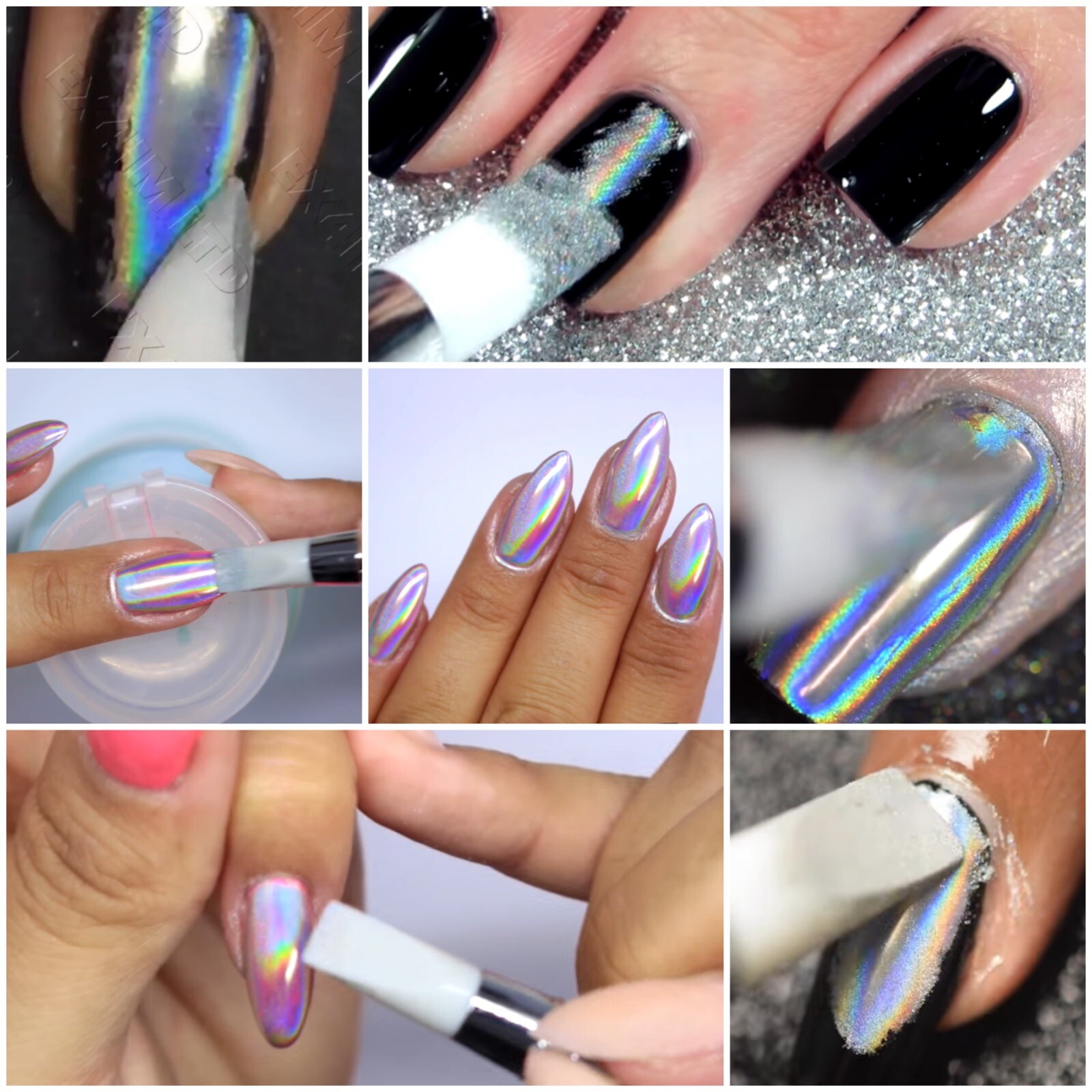 Nail Chrome Powder Rainbow Holographic KIT 15um Super Fine + Silicone Brush DIY